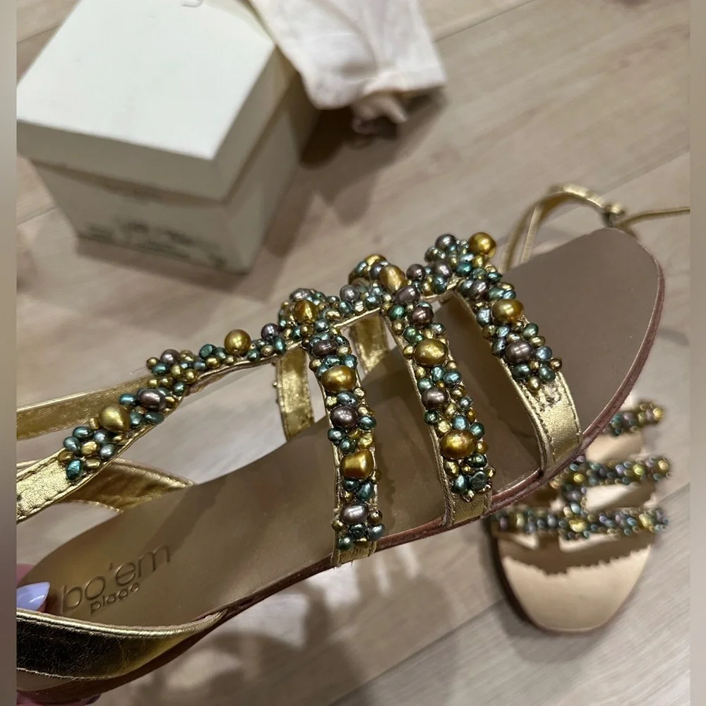 BO'EM Plage Italy Gold Hand Beaded Multi-Colored Faux-Pearl Sandals size‎ 38